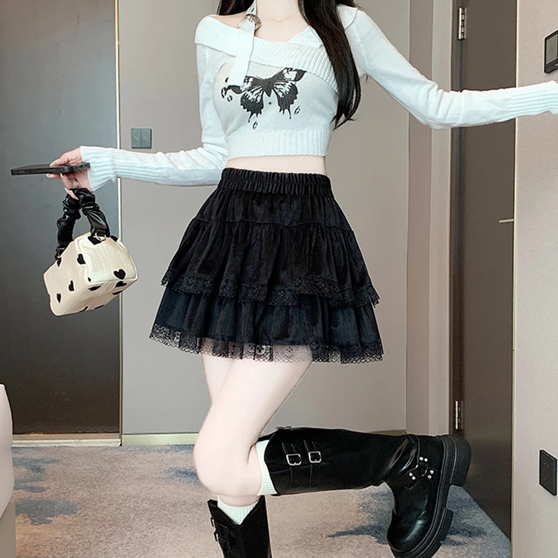 y2k Mini Skirt Women Coquette Clothes Lolita Fairycore High Elastic Tiered Ruffle Skirts Goth Lolita Skirts Streetwear