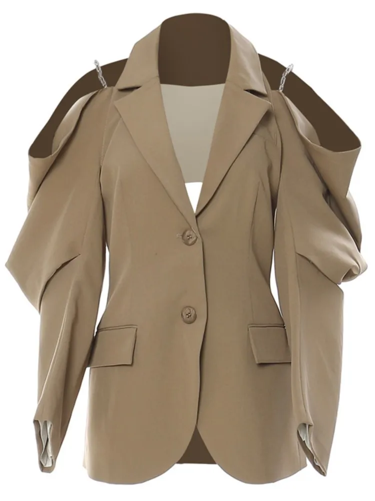 

Chic Off Shoulder Suit Jacket For Women 2023 Autumn Irregular Single Breasted Khaki Blazer Loose Sexy Hollow Out Outfit Clothing