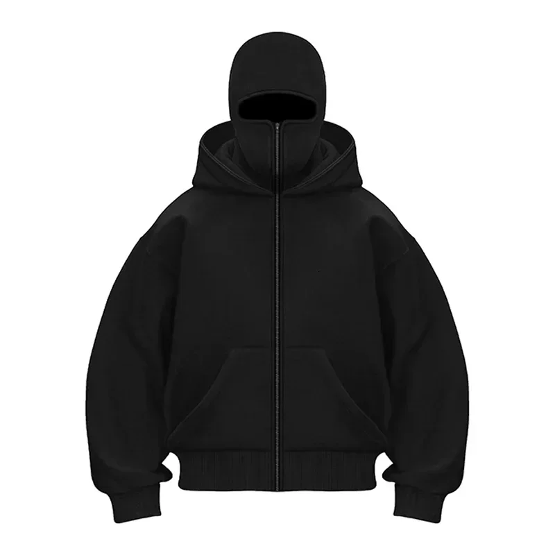 Streetwear Couple Tops Gothic Balaclava Integrated Hoodie Y2k Winter Men Soild Color Ninja Pullover Hip Hop Splicing Sweatshirt 4