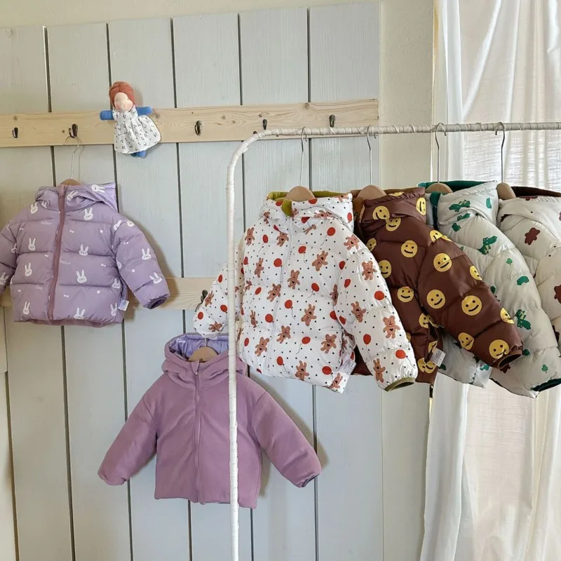 Double Sided Children's Rabbit & Crocodile Printed Puffer Coats Hooded Toddler Winter Outerwear for Boys Girls