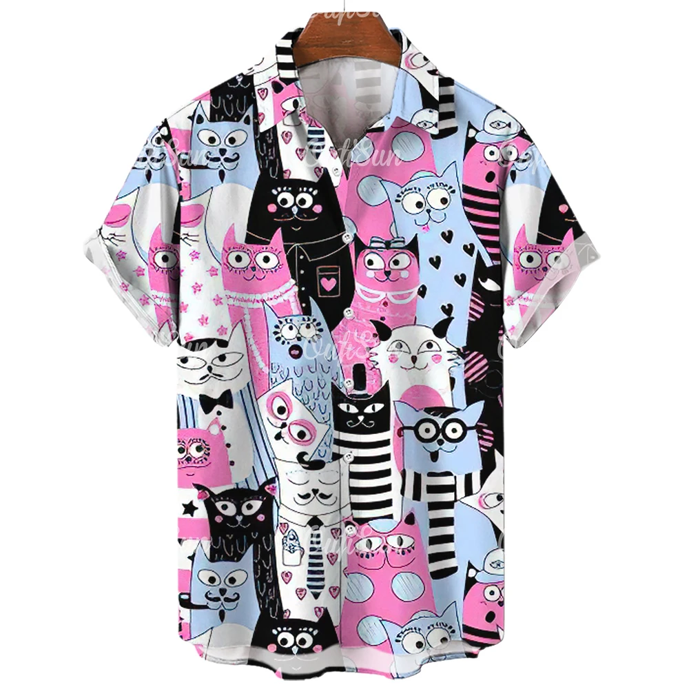 Camisa havaiana de manga curta masculina, lapela 3D, camiseta de anime, roupa de rua casual, gato animal retrô, verão, 2023