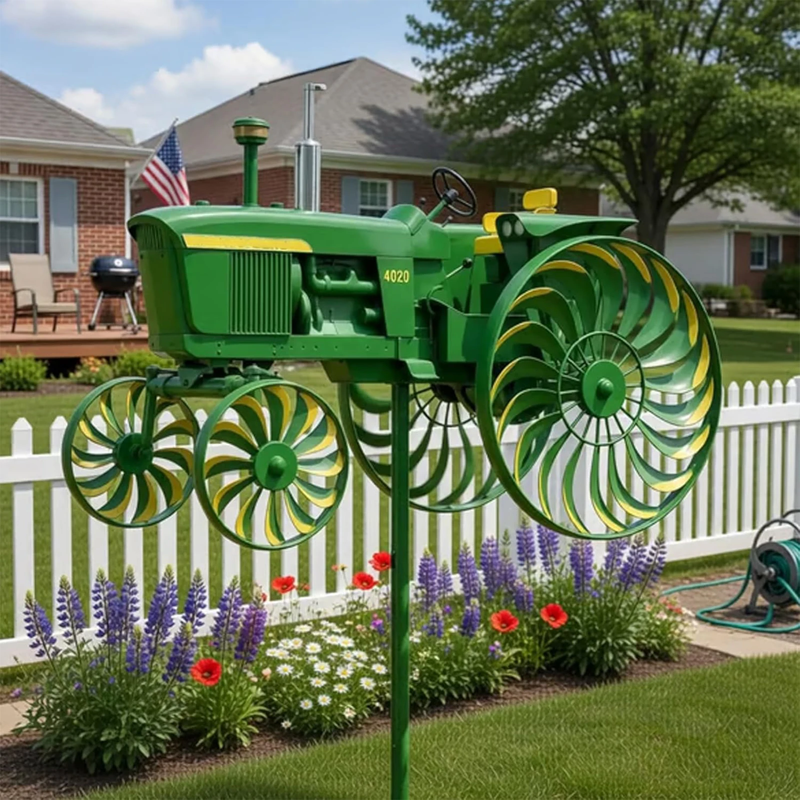 Traktor-Windskulptur mit Rotierenden Rädern Grüne Traktor-Windmühle Dekorative Garten-Windmühle für Hof, Terrasse und Rasen