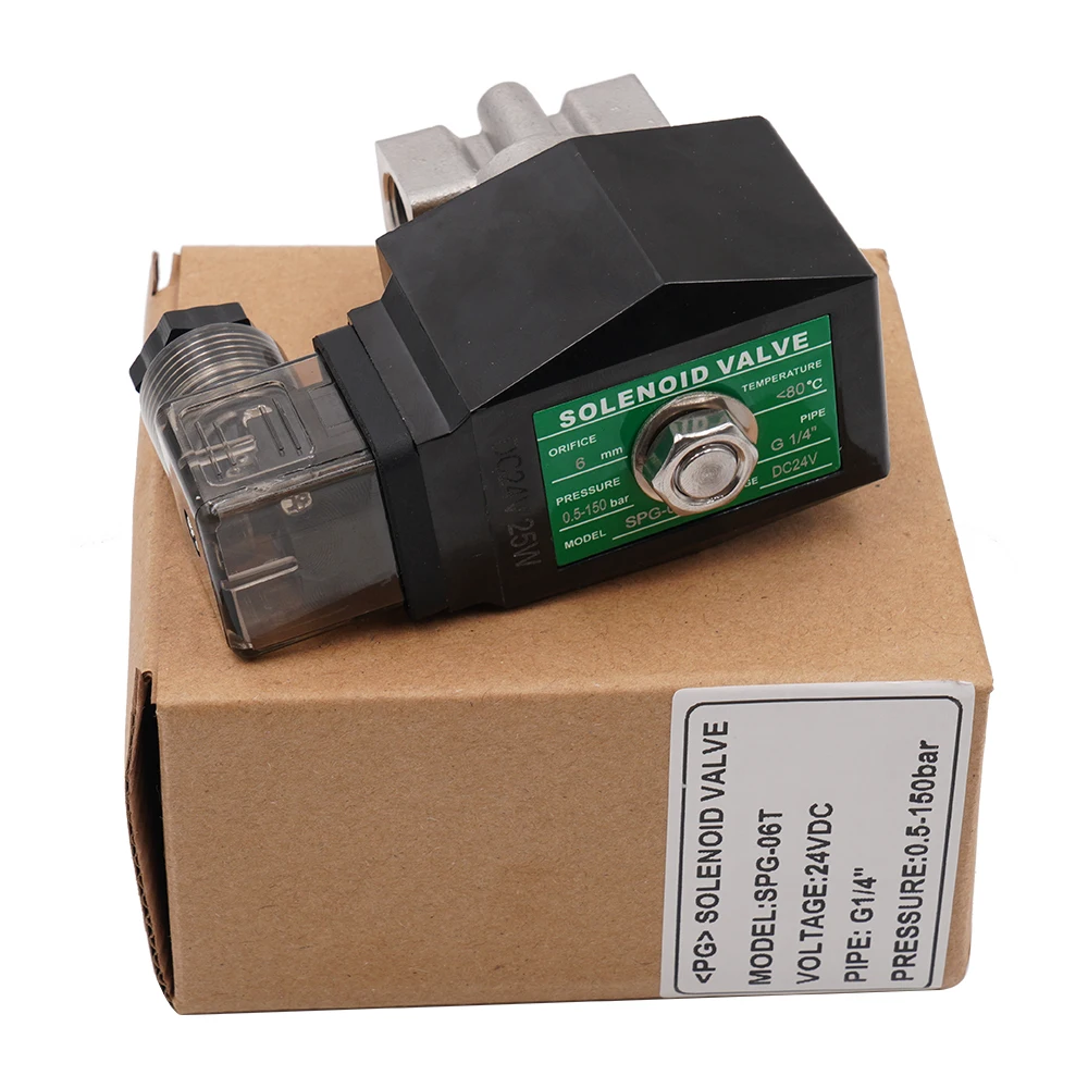 วาล์วโซลินอยด์แบบปิดปกติ ความดันสูง 0.5~150 บาร์ ผลิตจากสแตนเลส 304 รูวาล์ว 6 มม. แบบเกลียว G หรือ NPT 1/4 นิ้ว ใช้ไฟ AC220V DC12V DC24V 1