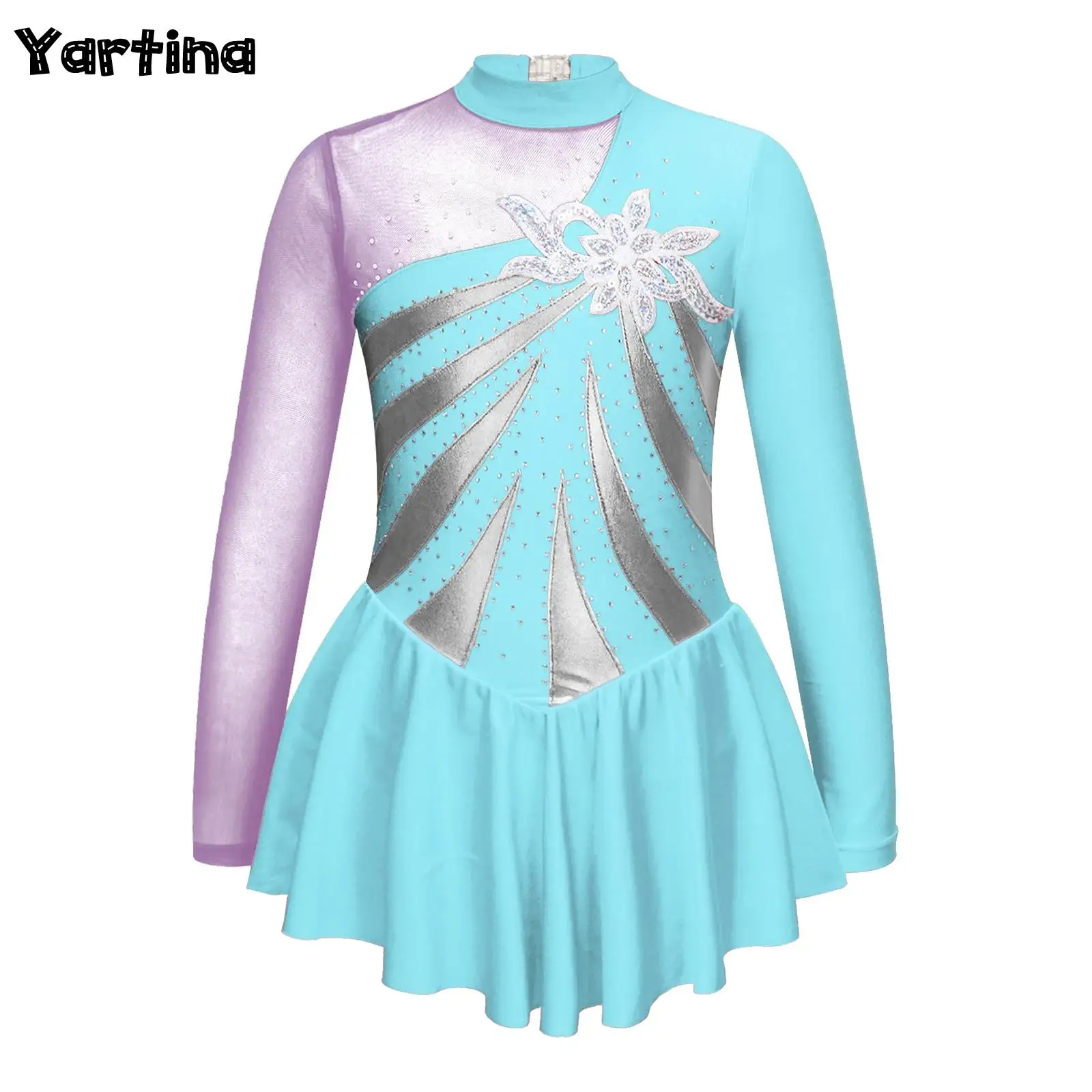Robe De Patinage Artistique Fille – Manches Longues Avec Strass – Taille 5 à 16 Ans – Polyester/élasthanne