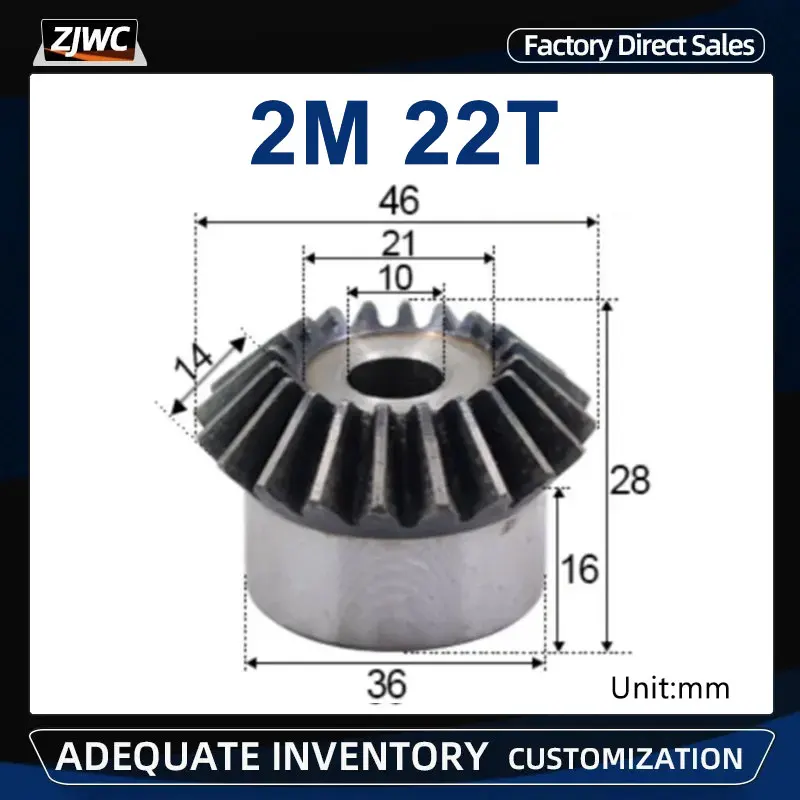 1pc Bevel Gear 2 Mod 22 Teeth 2M 22T With Process Hole 10mm 90 Degree Drive Commutation Steel Gears With Screw