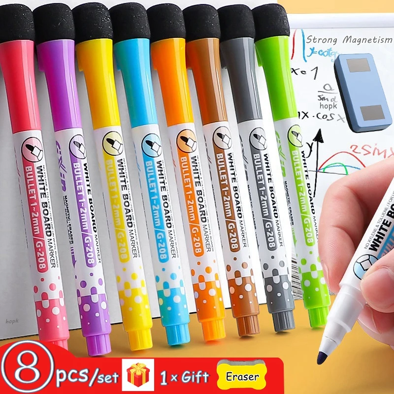 YES4QUALITY Dry Erase Markers for Whiteboard w/Eraser Caps (8 Pack),  Magnetic White Board Marker Set for Kids, Ultra-Fine Tip, Assorted Colors 