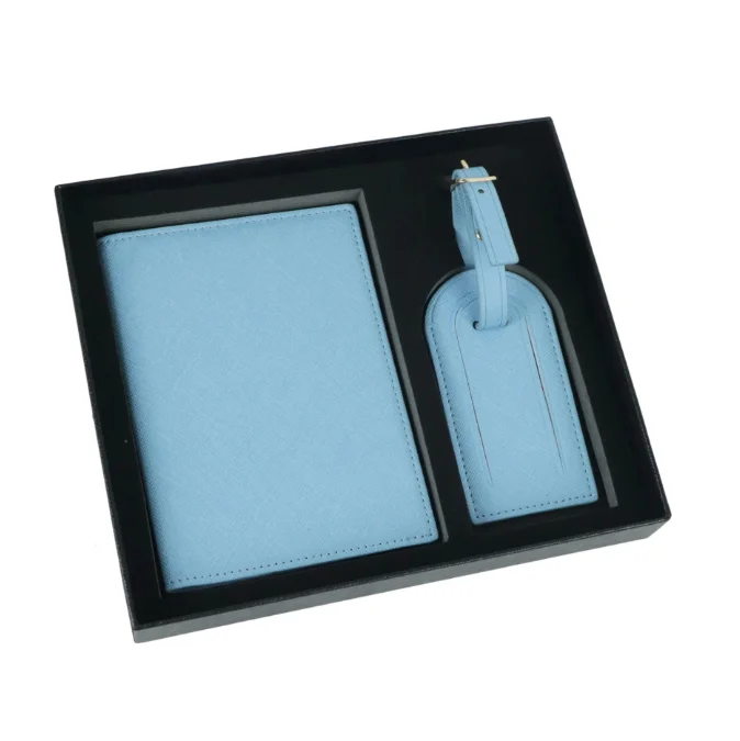 Saffiano Travel Duo: Minimalist Passport and Ticket Holder with Luggage Tag in Gift Box Set