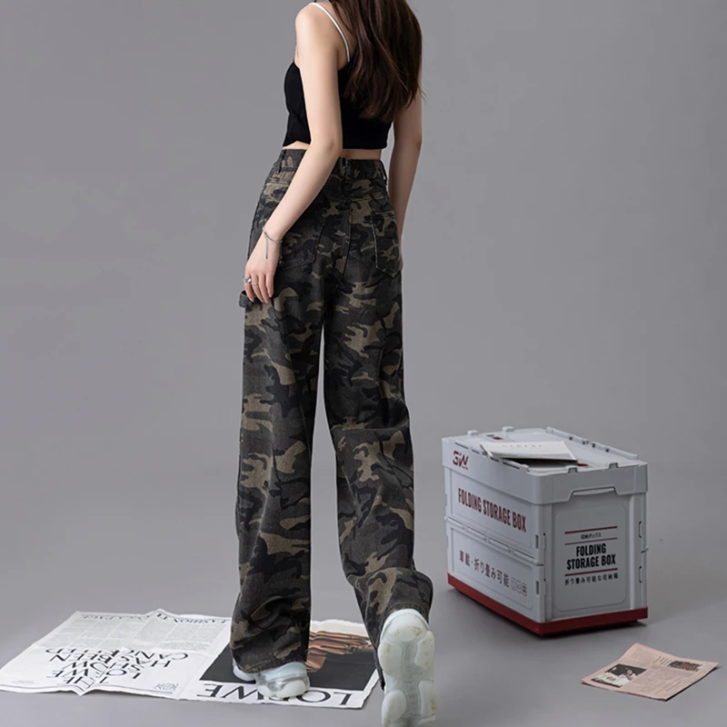 

Women Army Green High Waist Camouflage Cargo Pants Fashion Baggy Wide Leg Pants Vintage Street Straight Trouser Ladies Summer