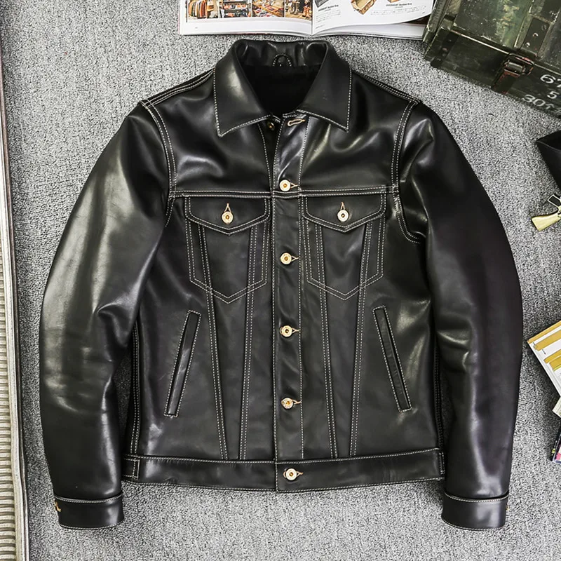 

Black Spring Men's Jacket Japan Casual Style Plus Size 4XL Natural Horshide Autumn Slim Fit Short Genuine Leather Coats