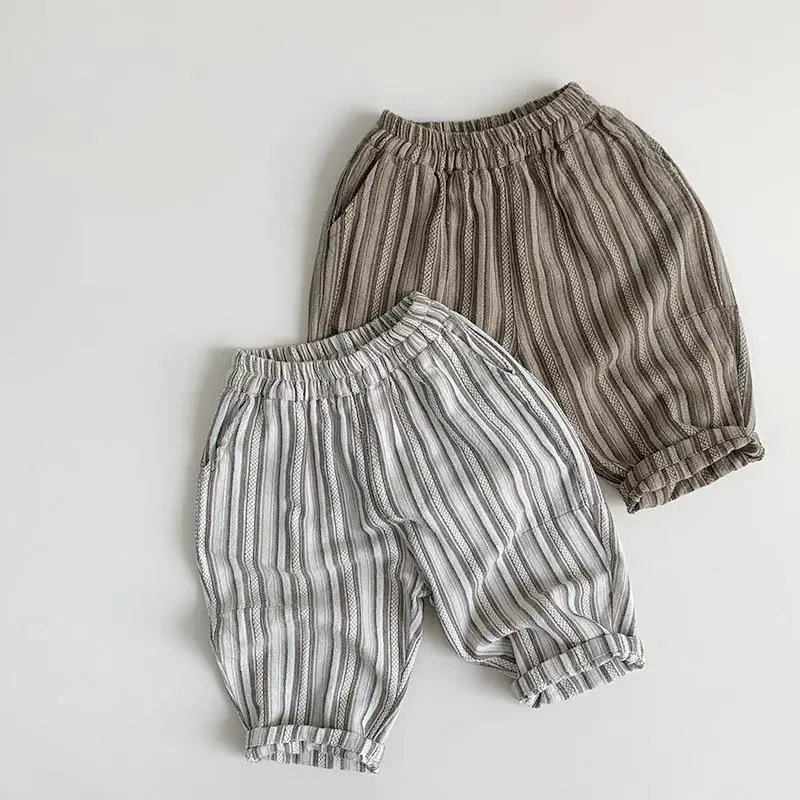 

2024 Summer New Children Loose Trousers Baby Boy Girl Vintage Striped Casual Pants Kids Toddler Fashion Versatile Harem Pants