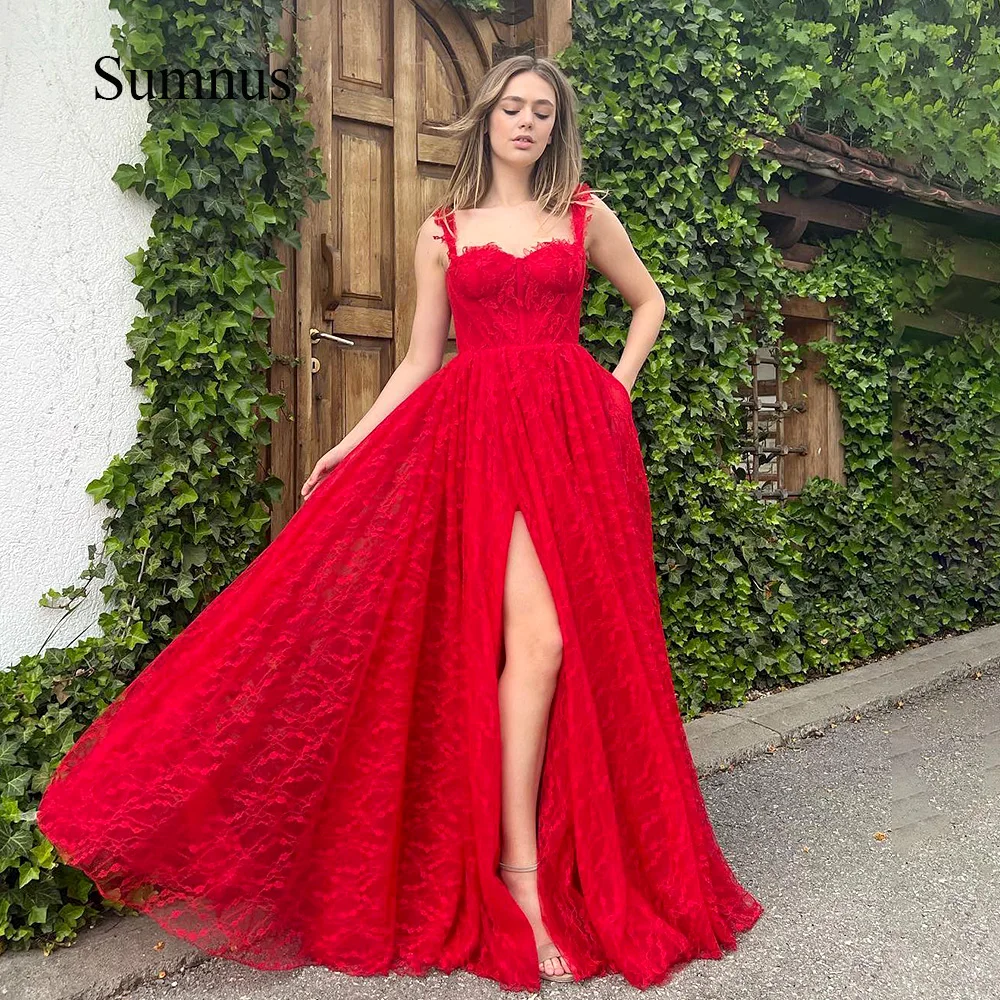 Red Lace Maxi Prom Dresses Spaghetti Straps Sweetheart Bustier High Split A  Line Homecoming Dress Romantic Fairy Prom Gowns| | - AliExpress