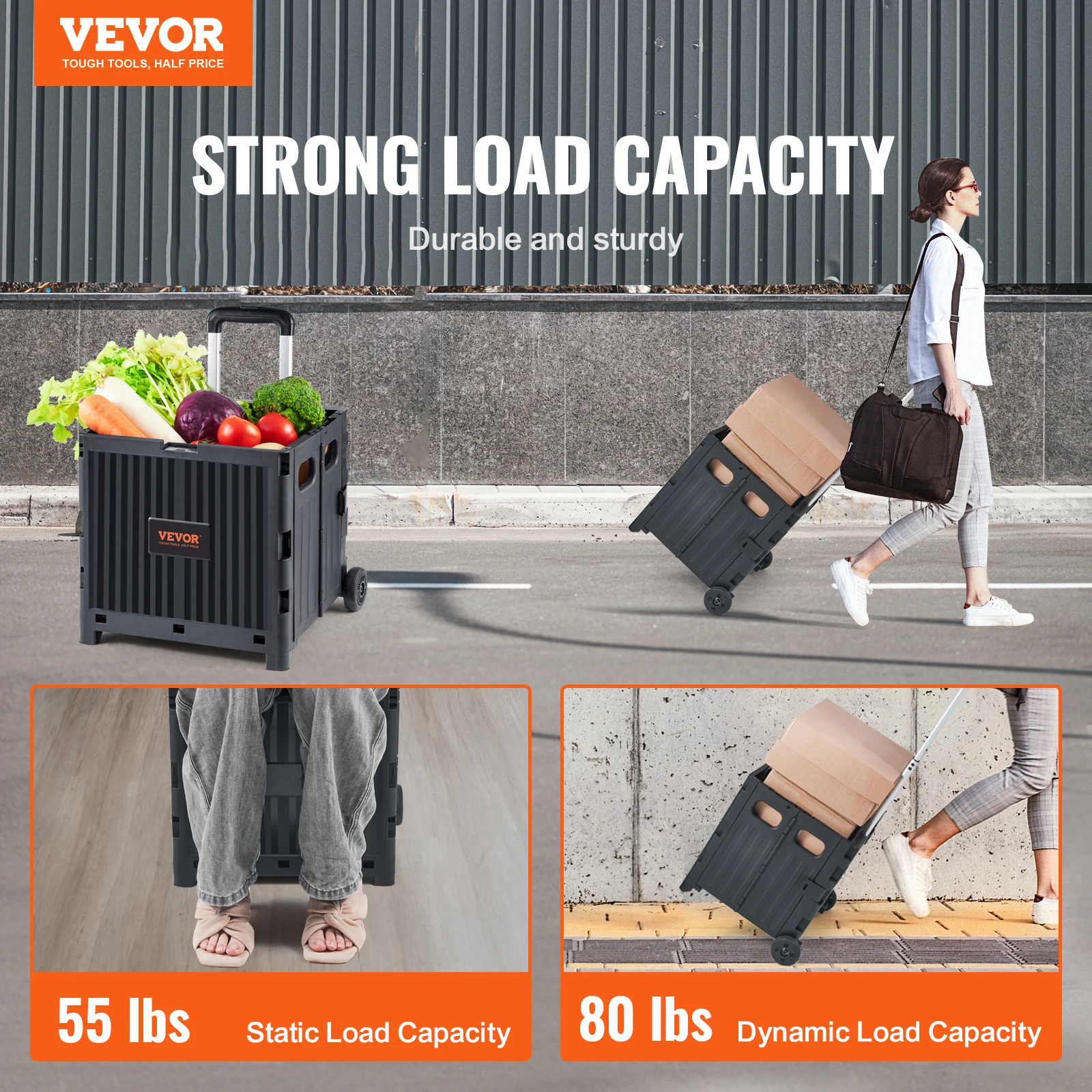 VEVOR Foldable Utility Shopping Cart Folding Portable Crate Handcart with Telescope Handle Wheels for Travel Office Garden Use 2