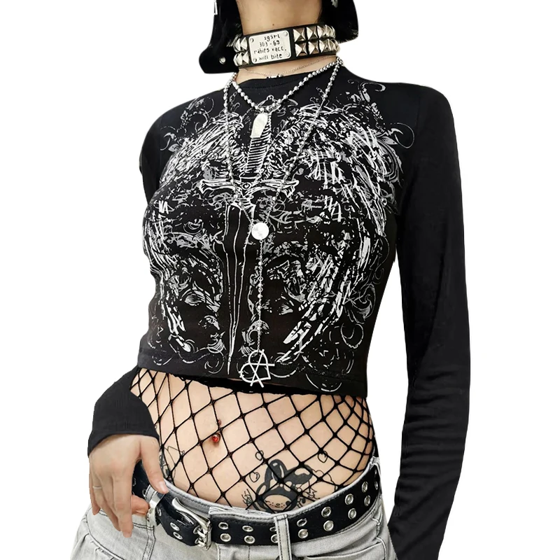 

Women E-girl Gothic Cropped Tops Graphic Knife Wing Print Long Sleeve O Neck Baby Tees 2000s Retro Grunge Cyber Y2K T-shirt