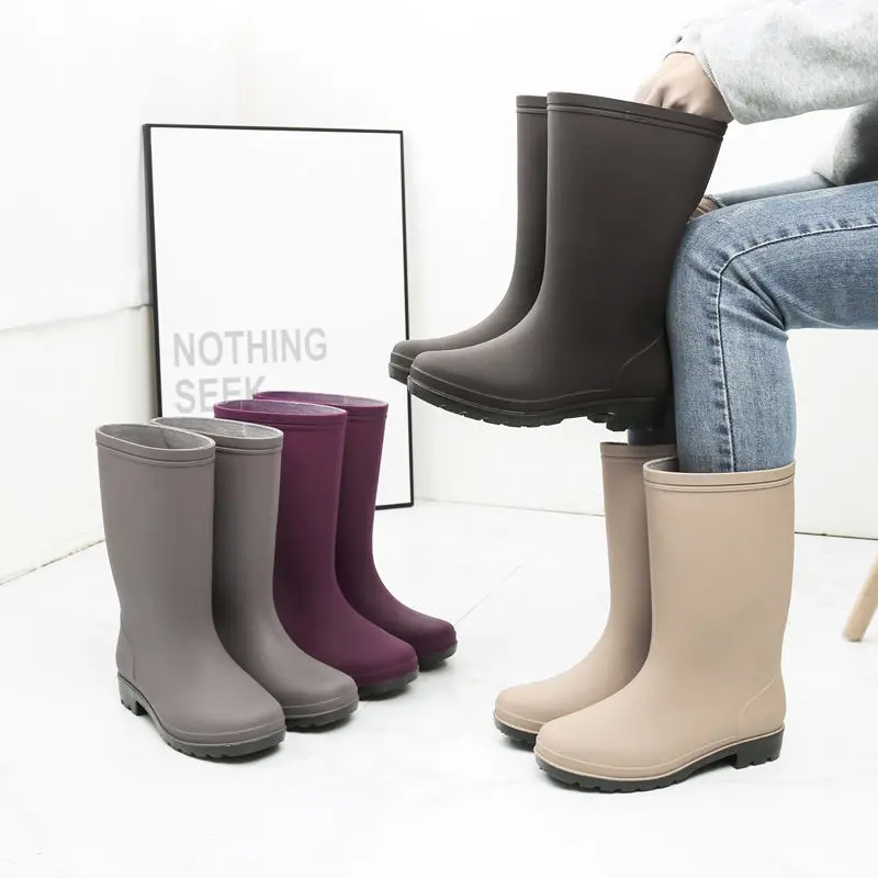 New Women Fashion Mid-calf Rain Boots Waterproof Solid Color Non-slip Rainboots Female Water Shoes Wellies Boots