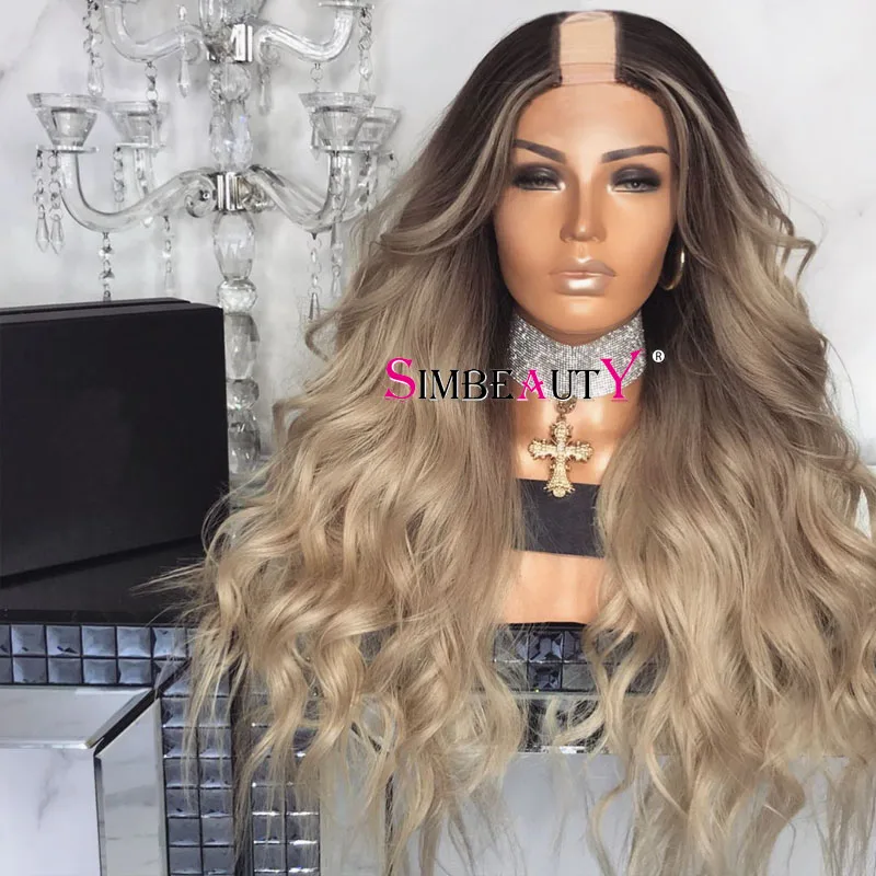 

Dark Roots Light Ash Blonde Wavy 1X4 U Part Human Hair Wigs for Women Glueless Highlight Blonde Opening U Part Wigs with 6Clips