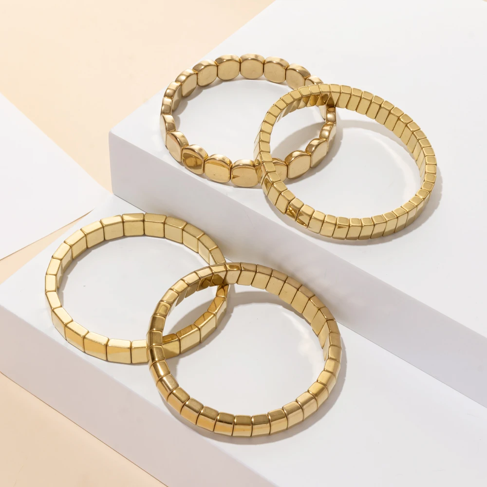5 Braccialetti Elastici Oro Con Perline E Croce – Set Impilabile Fashion Donna