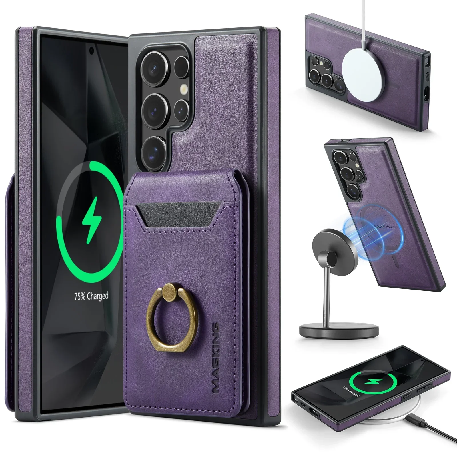 Detachable Magnetic Leather Wallet with Card Holder and Ring Cover