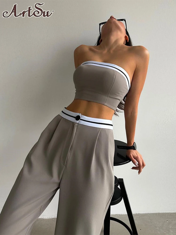 

Strapless Tops Pants Sets Women Casual Trousers Suit Two Piece Outfits for Ladies Fashion Streetwear 2023 New Sexy Matching Sets