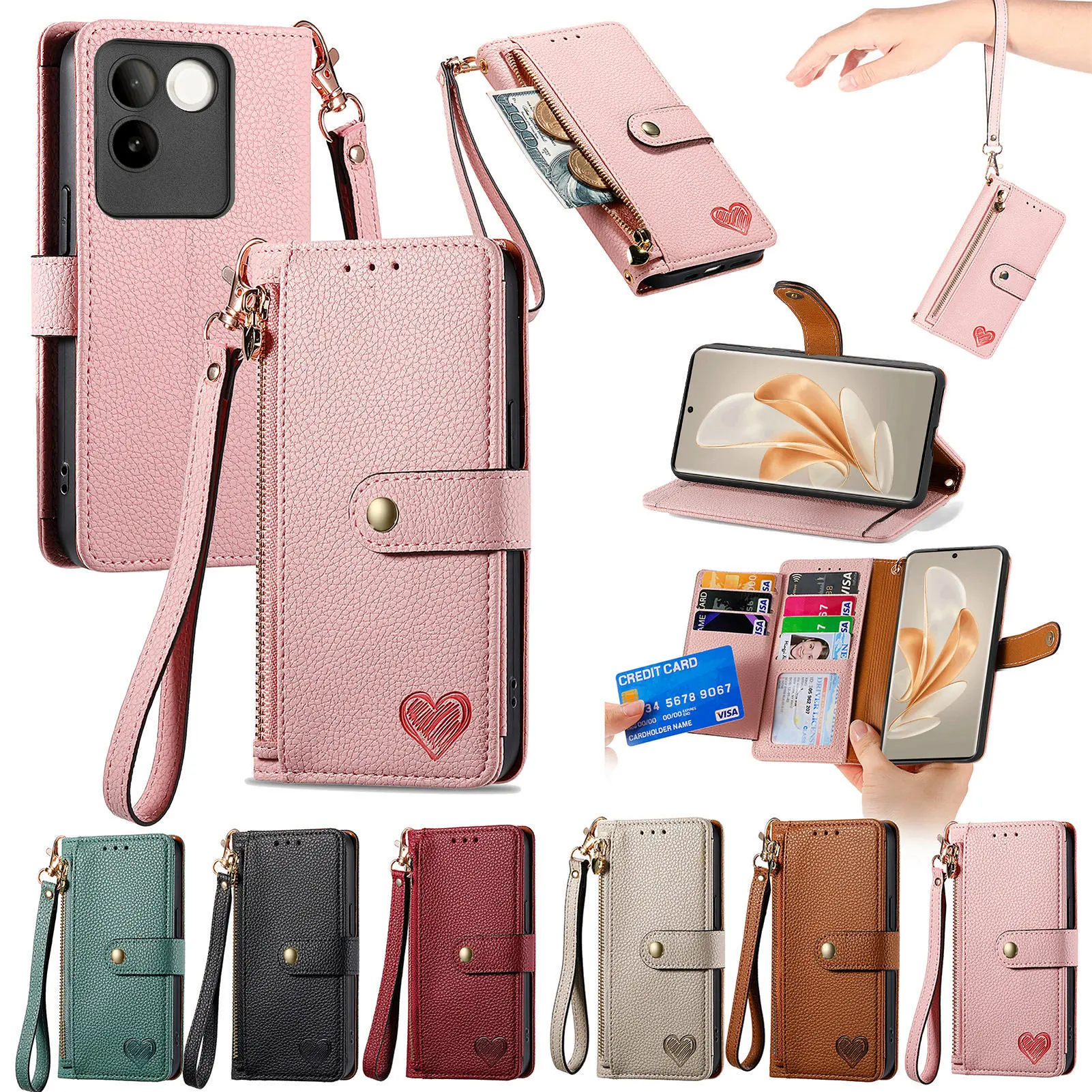 Wallet Case For Vivo Y15 Y16 Y17 Y19 Y20 Zip Card Pocket Stand Flap With Lanyard Pu Cover For Y27 Y31s Y33 Y35 Y50 Y30