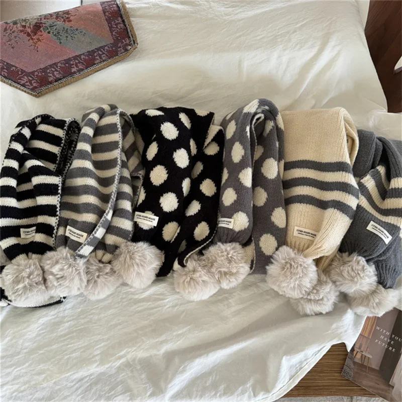 Korea Ins Kids Winter Baby Girls Scarf Cute Wave Point Stripe Hairball Scarves Kawaii Soft Warm Knitted Scarfs Accesoire 3-15y