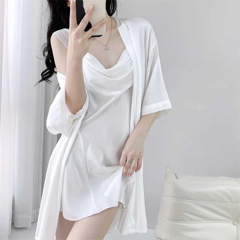 Sexy Bride Wedding Robe Nightgown Set Spring Summer Satin Female Sleepwear Bathrobe Gown Loose Home Dressing Gown Lounge Wear