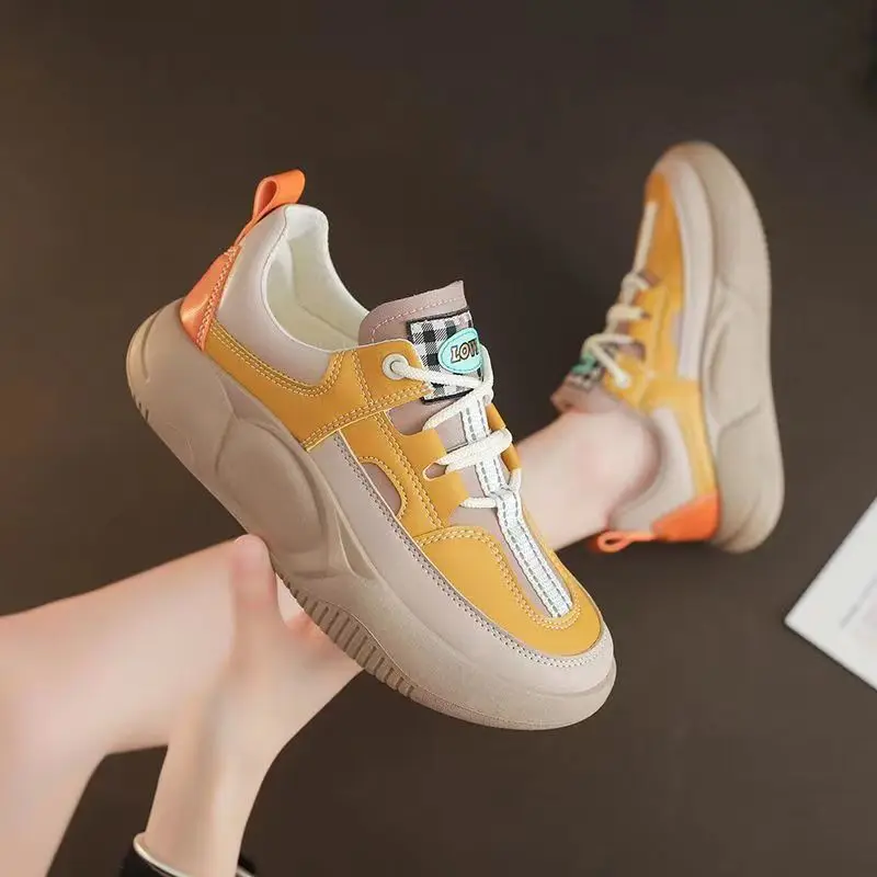 Women's Shoes Thick Sole Sports Shoes Leather Upper Women's Running Shoes Lace Up Lightweight Women's Vulcanized Shoes 4