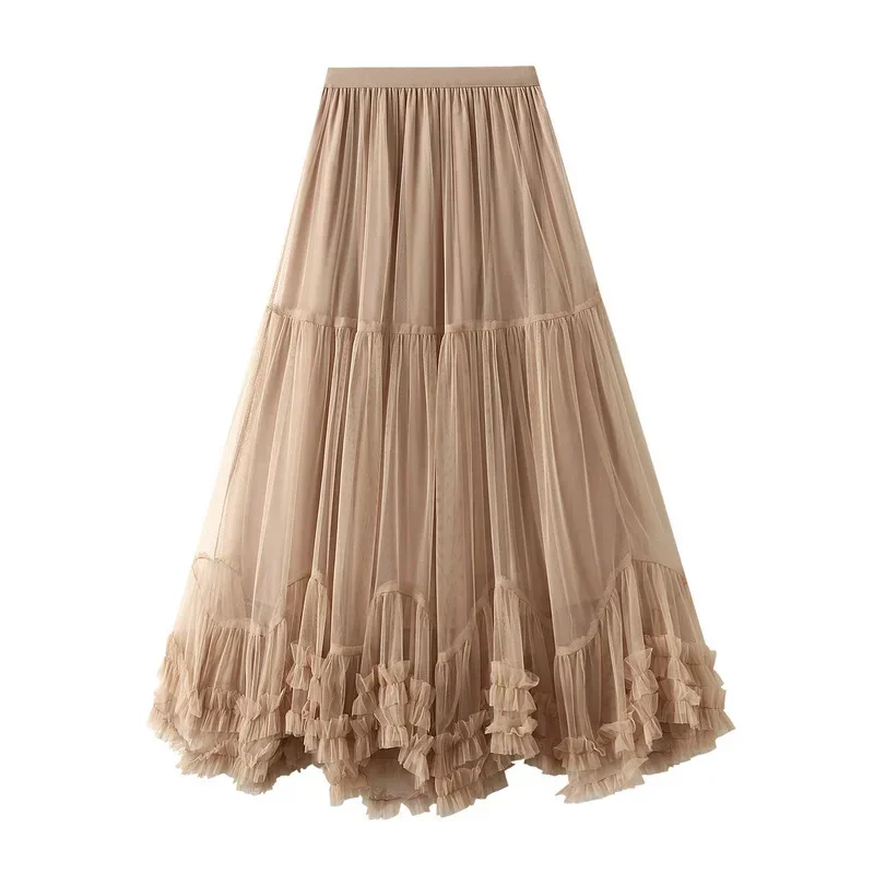 Fashion High Street Versatile Commuter Skirt Chic Mesh Pleated Splicing Sweet Ladies Solid Color Cake Skirt Party Dress OFE15