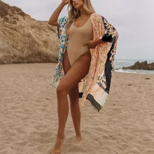

New Women Swimwear Cover-Ups Splicing Print Wide Shoulder Open Front Cardigan Beachwear Sunscreen Clothing