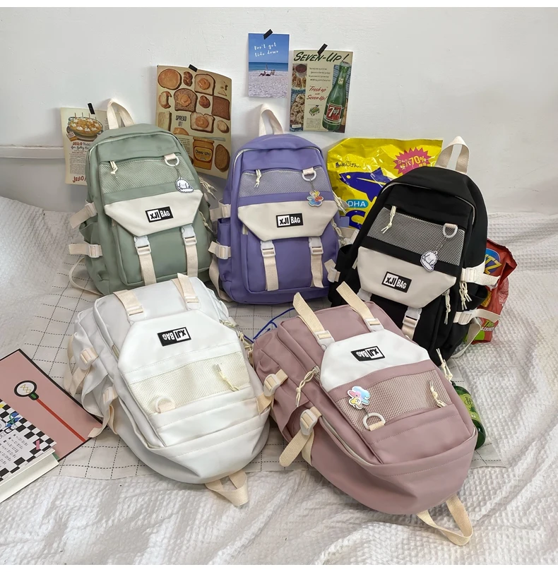 DCIMOR New Nylon Women Backpack Female Mesh Pocket Travel Bag Lady Fashion Schoolbag for Girl Student Preppy Book Pack Kawaii