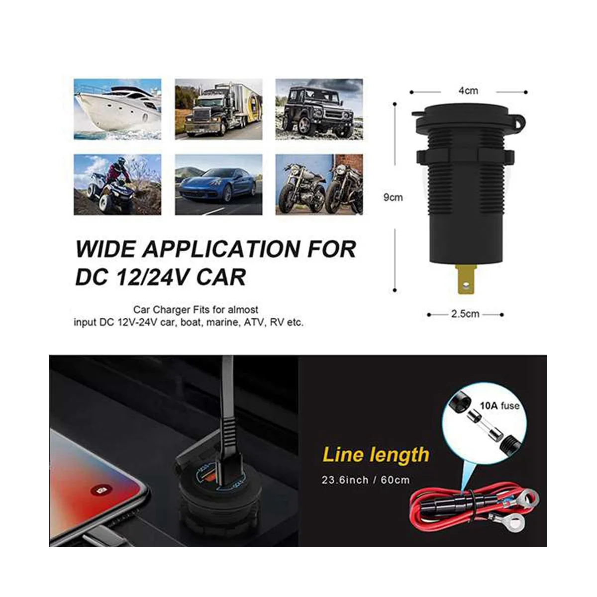   4.0 PD QC 3.0 USB   , ڵ, Ʈ, Ʈ, ,  USB ܼƮ, 12V-24V, 60W