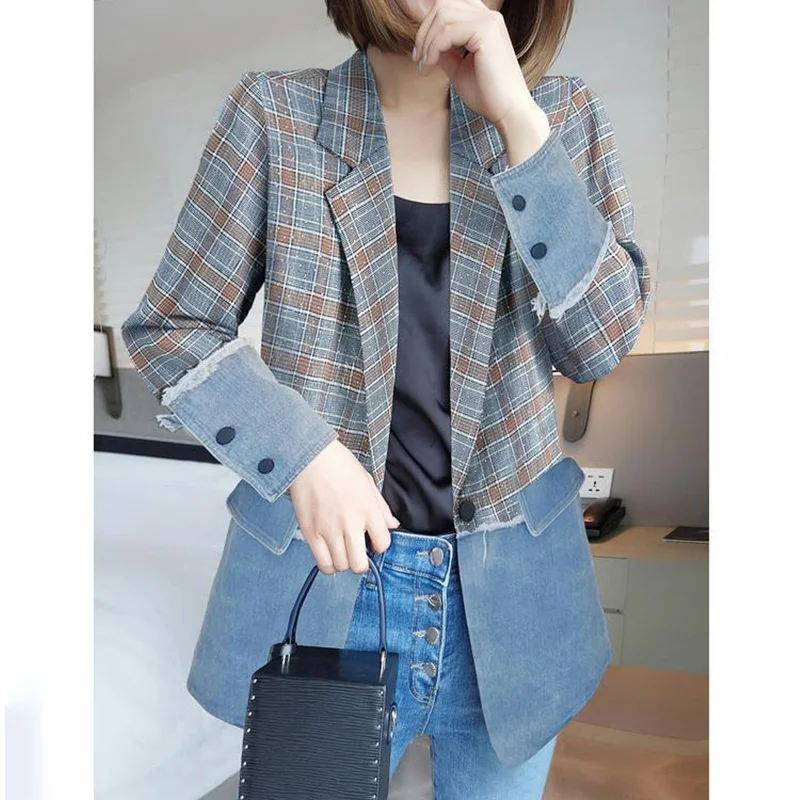 Fashion Lapel Button Spliced Loose Lattice Blazer Female Clothing 2023 Autumn New Casual Tops All-match Office Lady Blazers