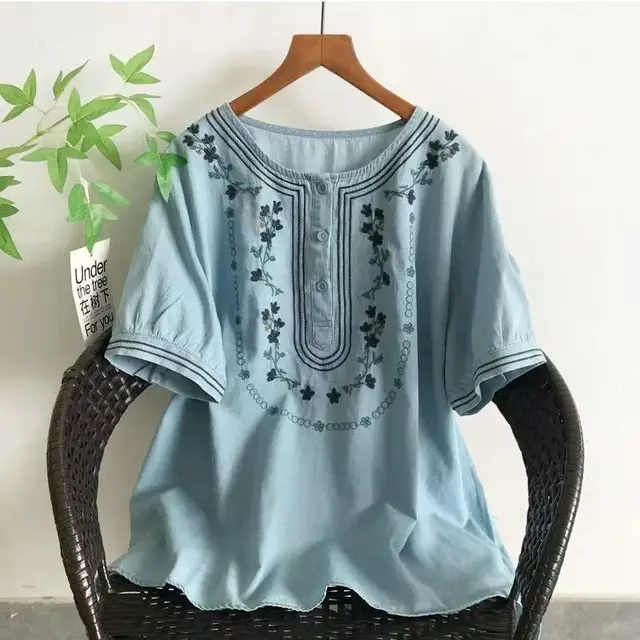 Amazon Camisas Bordadas Para Mujer Camiseta Azul Mujer Algodón