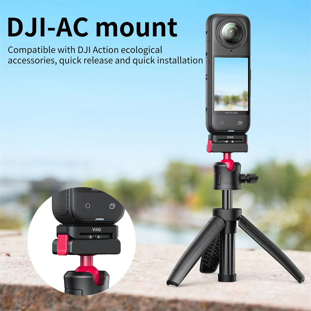 VRIG DJI-AC Gopro 마운트 1/4 나사 포트 3-in-1 인터페이스가 포함된 Insta360 X4용 새로운 3-in-1 자기 퀵 릴리스 어댑터