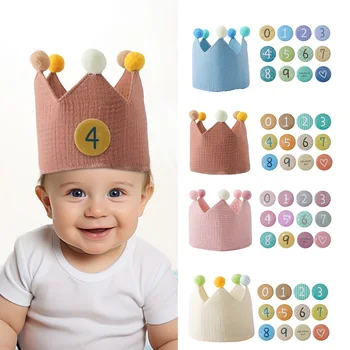 Baby 1-9 Years Birthday Party Crown Hat Woolen Ball Headband Hat Birthday for Kids Party Photography Props Infant Gifts