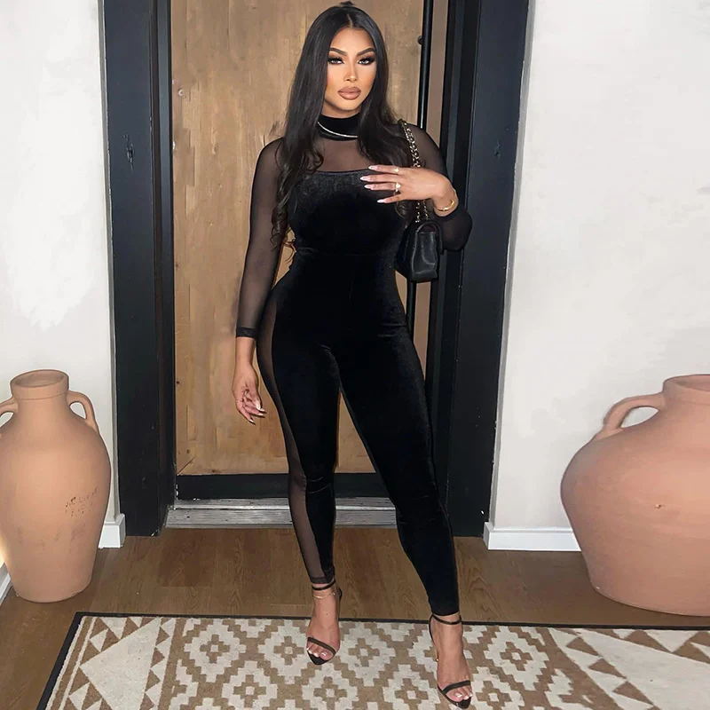 

Crystal Autumn Mesh Velvet Patchwork Sexy Y2K Clothes Long Sleeve O-Neck Bodycon Skinny Jumpsuit Women Sporty Streetwear Romper