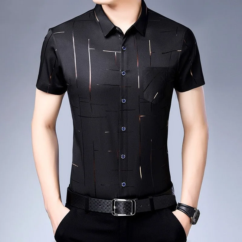 Men's Business Plaid Printing Shirt Tops Summer New Polo Neck Short Sleeve Thin Plus Size Blouse Fashion Casual Men Clothing