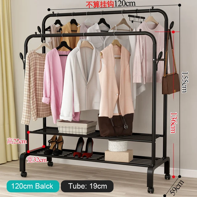 Garment Rack Floor Standing Clothes Hanger Double Pole Coat Rack Wardrobe Clothing Drying Rack Mobile Cloth Rail Home Furniture B Double layer 120cm