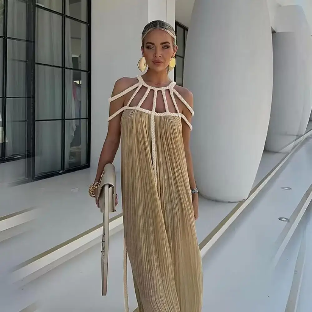 

Women 2024 Summer Sexy Rope Off Shoulder Long Dress Fashion Halterneck Loose Vacation Beach Dress Hollow Out Lace Up Clothes