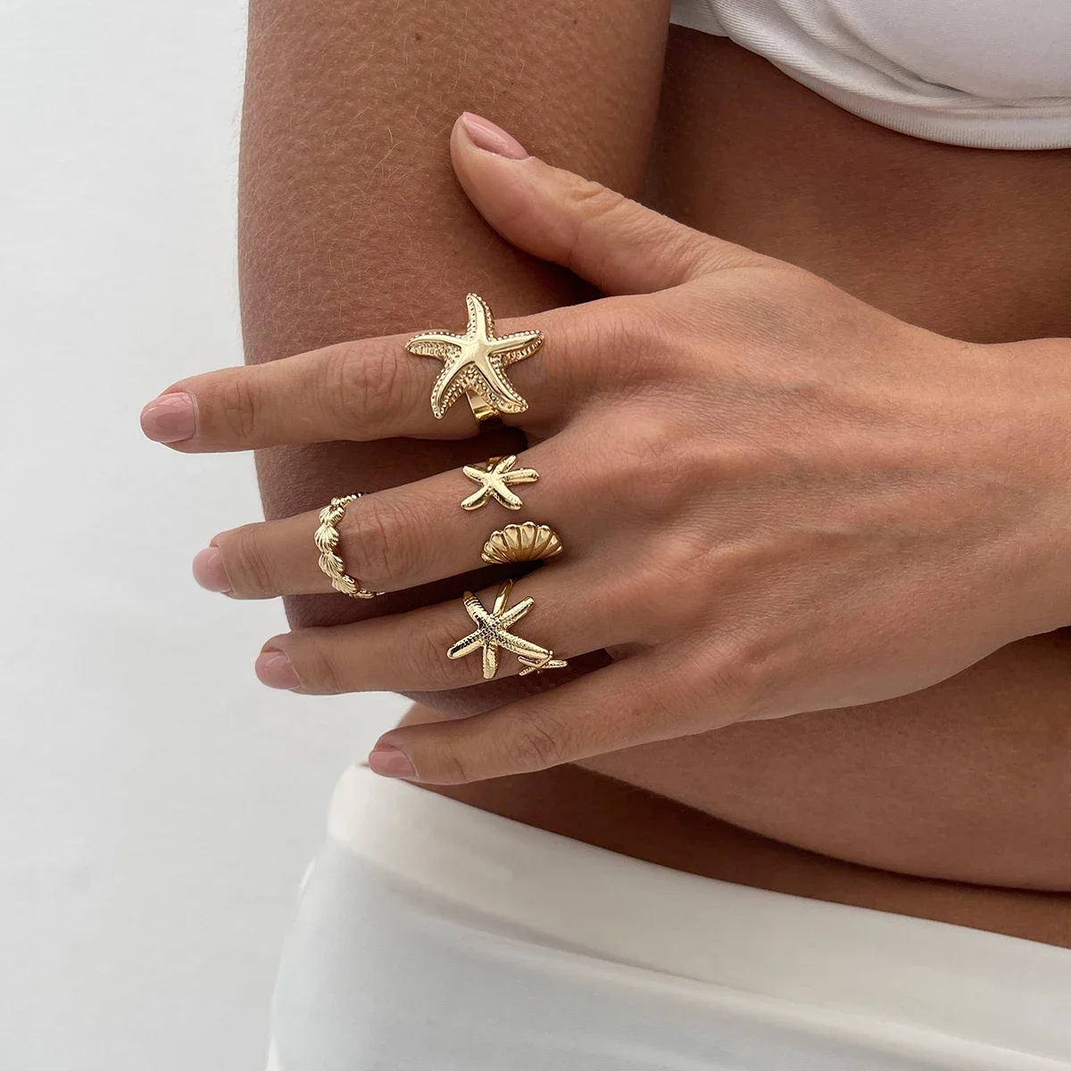 Gold Chunky Seashell Starfish Wave Stackable Adjustable Ring...