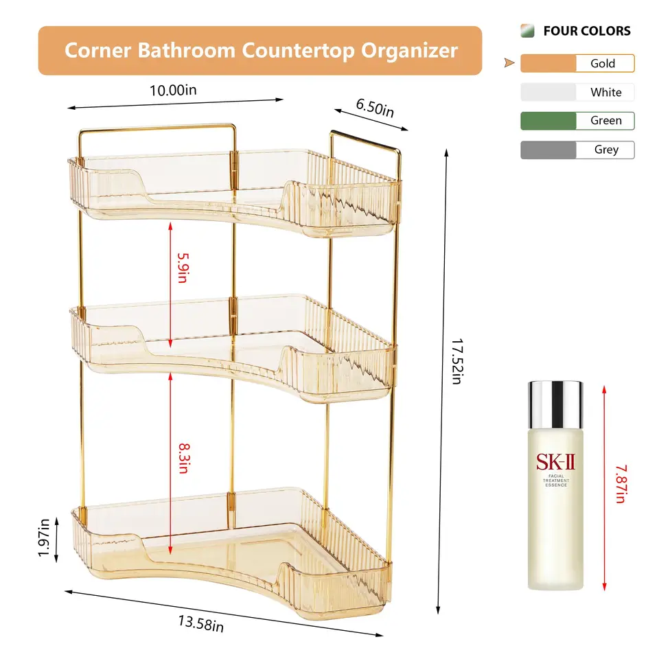 Forbena Organizer Angolare Per Bagno – 2 Ripiani, Piccolo, Bianco E Oro – Per Trucchi, Profumi E Cura Della Pelle - 3