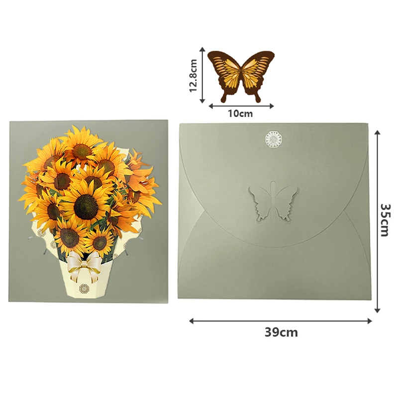 Life Sized Sunflower Greeting Card 3D Pop Up Floral Bouquet Card with Note and Envelope