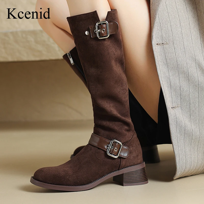 Kcenid 2024 Women's Boots Square Heels Fashion Shoes For Women Western Boots Metal Buckle European Style Thigh High Boots Brown