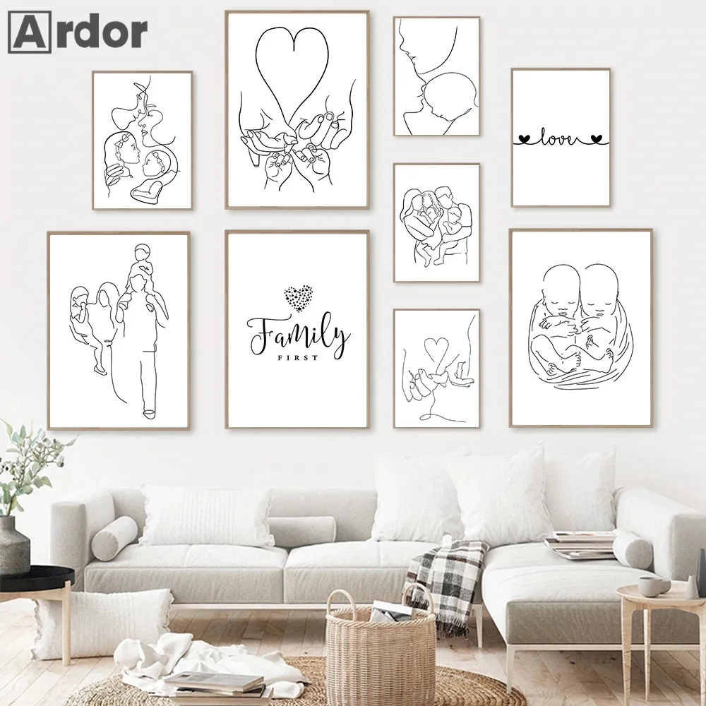 Kiss Hand Posters Family Portrait Abstract Line Drawing Print Dad Mom Son Daughter Wall Art Canvas Painting Pictures Home Decor