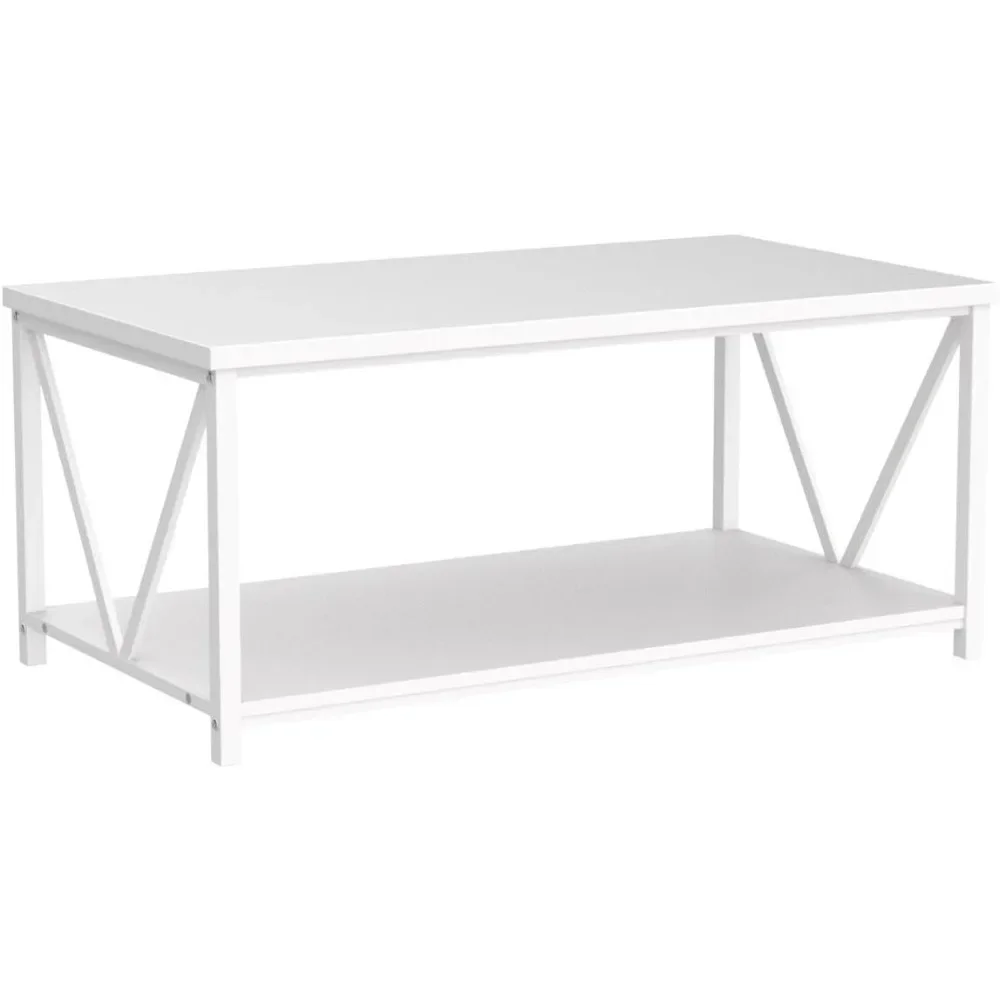 Rustic Coffee Table, Modern Living Room Table with Storage Shelf, White Oak 2