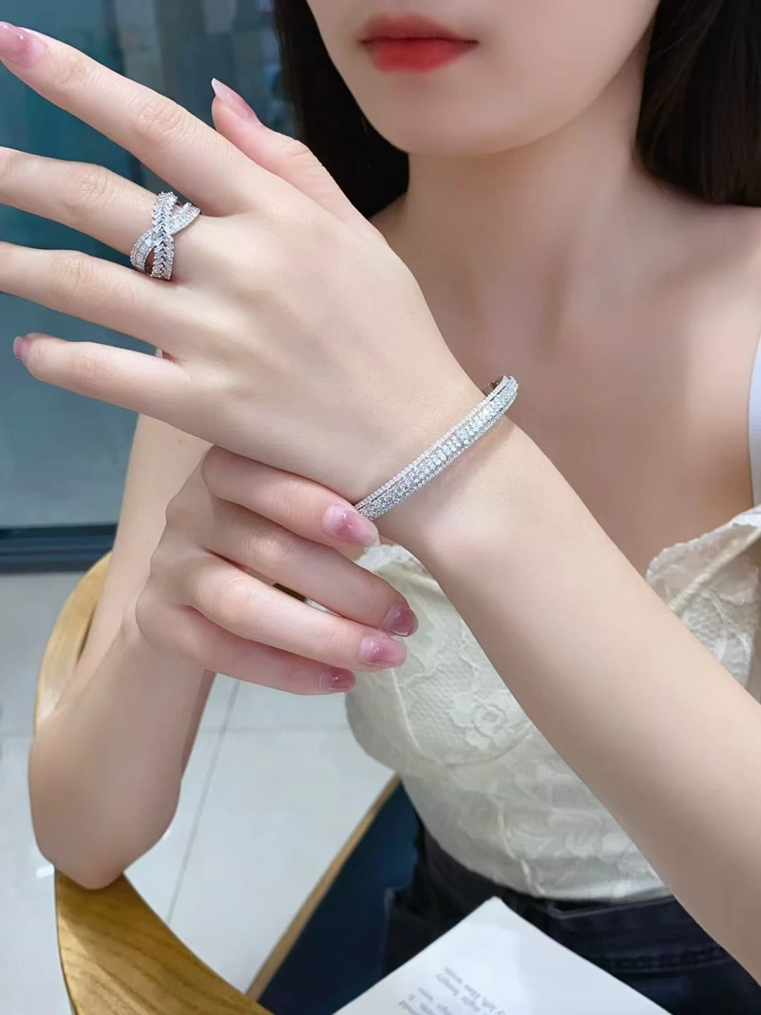 8K gold natural diamond ladder square diamond 0.65CT wheat full diamond Fashion jewelry wedding ring women spot factory wholesal