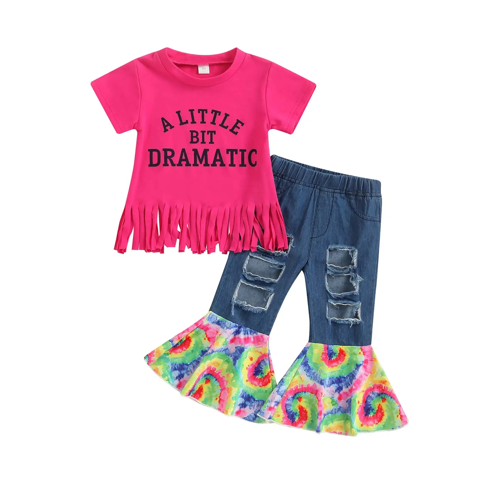 

Lioraitiin 0-6Years Toddler Baby Girl 2Pcs Fashion Clothing Set Short Sleeve Pink Letter Printed Short Hole Denim Flared Pants