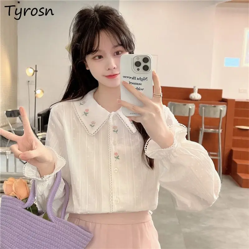 

Женские Рубашки, Топы, Милая Вышивка, винтажные свободные рубашки, женские нежные модные в японском стиле, в эстетическом стиле, с расклешенными рукавами для девушек