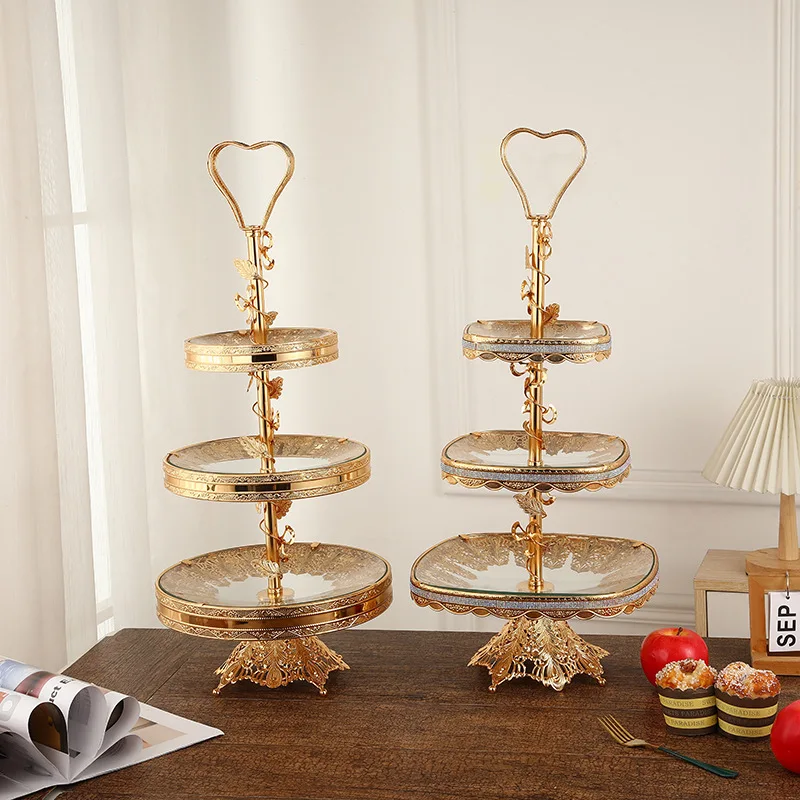 

European-style wrought iron glass fruit bowl small luxury coffee table three-layer fruit bowl ornaments hotel front desk dessert