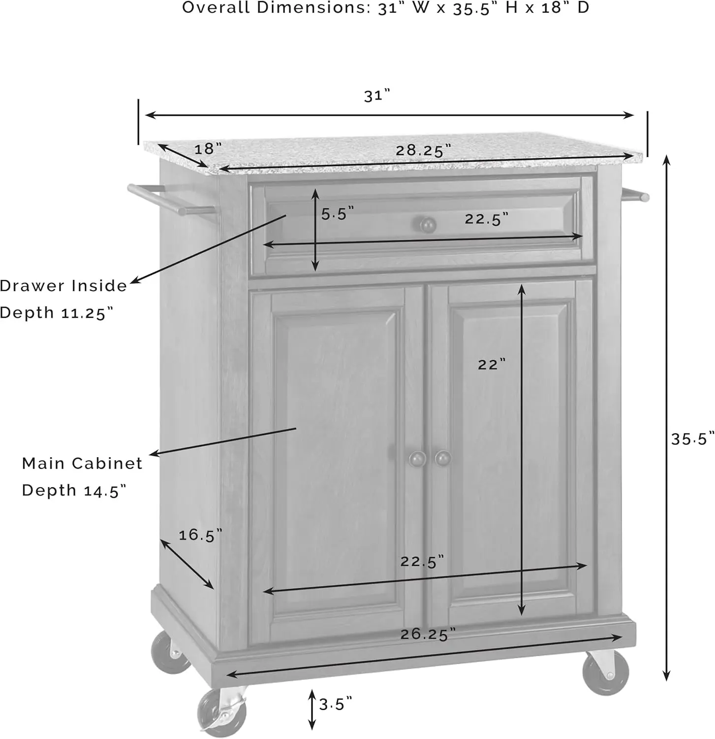 Compact Kitchen Island with Stainless Steel Top, Black