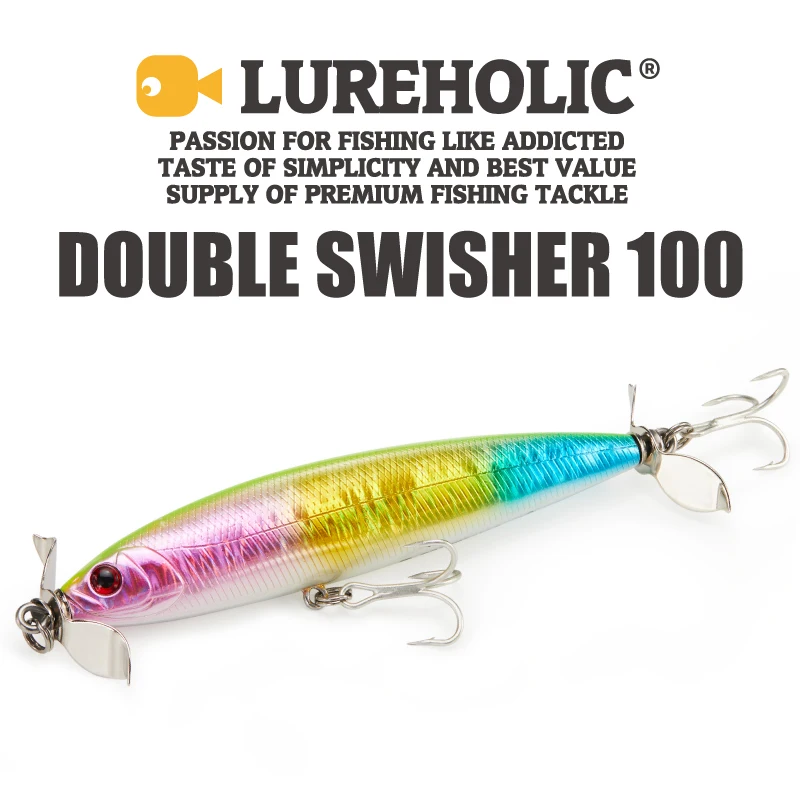 LUREHOLIC 10 cm 15 g Double Swisher Topwater Lure Splash Swimming Action Spy Hard Bait Popper Traktor Glider Bait mit Mustad Hook